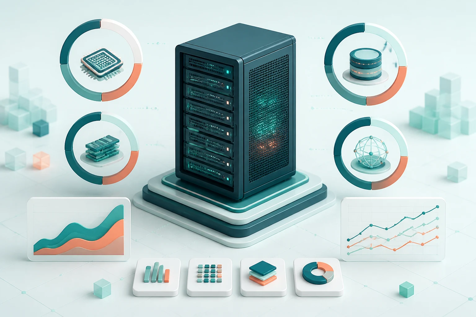 Server surrounded by balanced infrastructure performance indicators